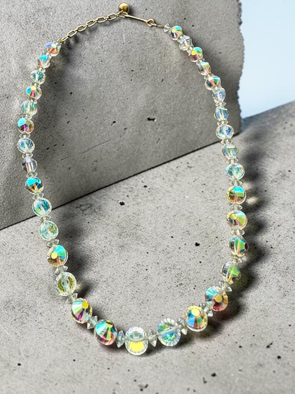 Vintage Simmons 1/20 12K Gold Filled Aurora Borealis Crystal Bead Necklace (17")